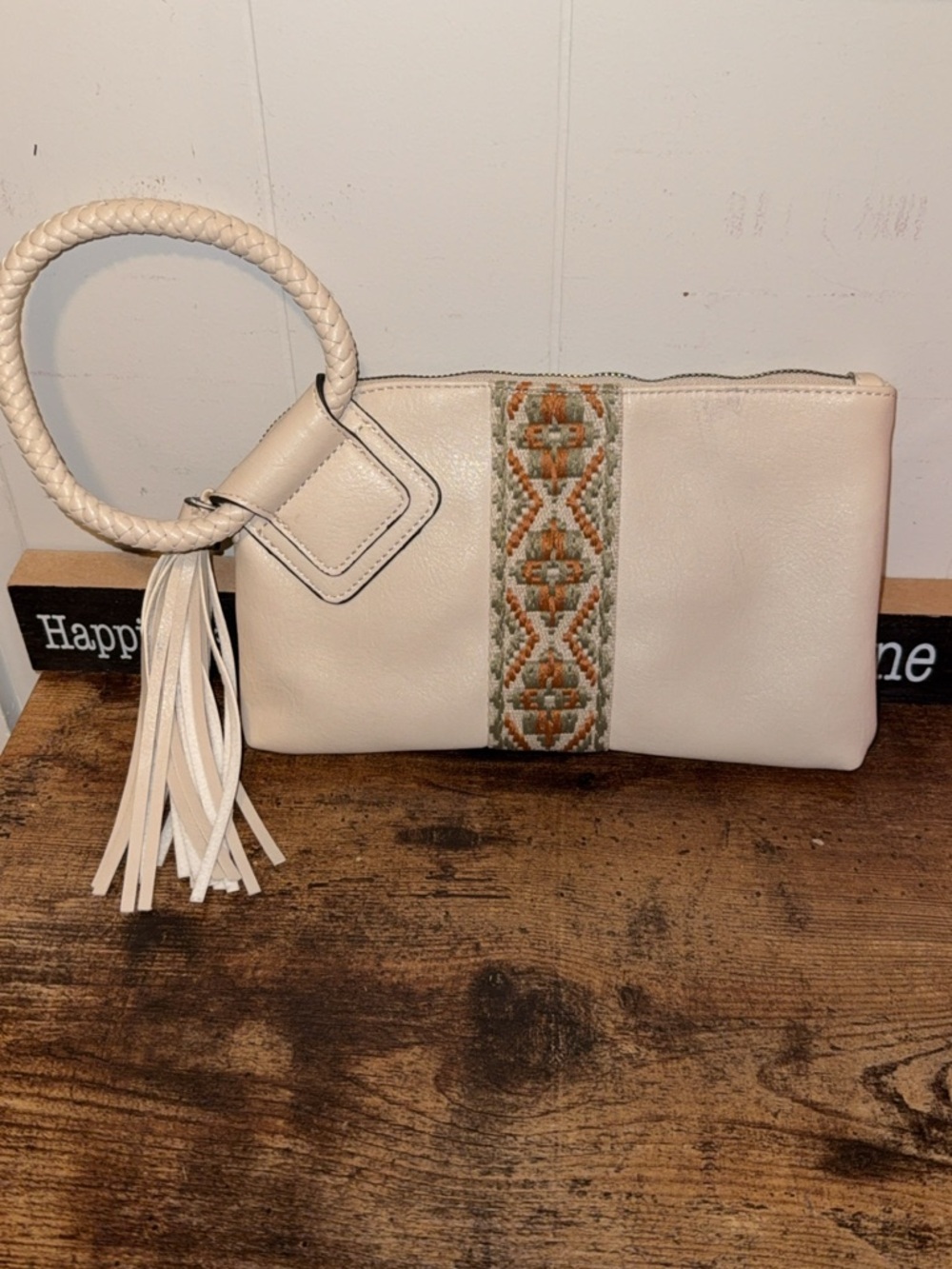 Cream Wristlet Clutch with Embroidered Accent